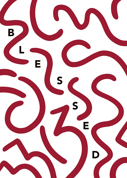  – Grafisk illustration med ordet Blessed og markante, røde streger på en hvid baggrund