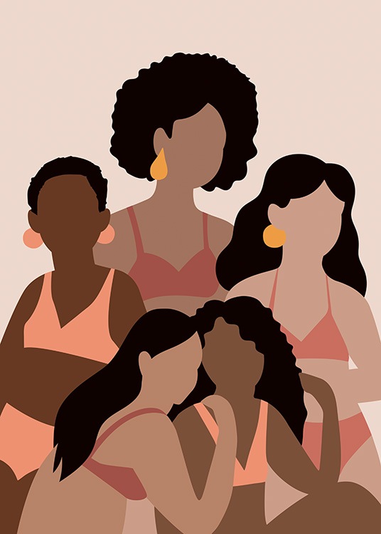  – Grafisk illustration med kvinder iført lyserøde og beige bikinier, der står sammen i en gruppe