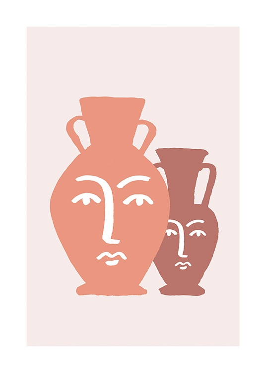  – Grafisk illustration med vaser i pink og brunt med abstrakte ansigter i hvidt