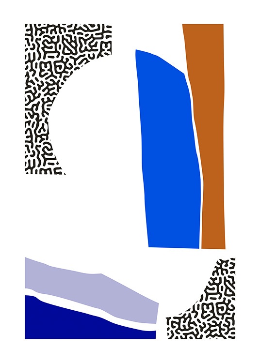  – Abstrakt grafisk illustration med farveblokke i blåt, brunt og sort-hvidt