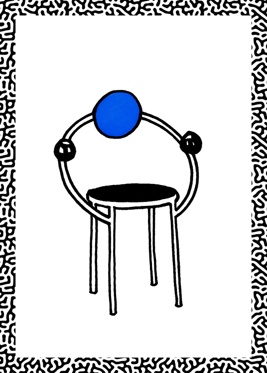  – Grafisk illustration med en abstrakt stol, der har et rundt ryglæn, og et mønster i kanten
