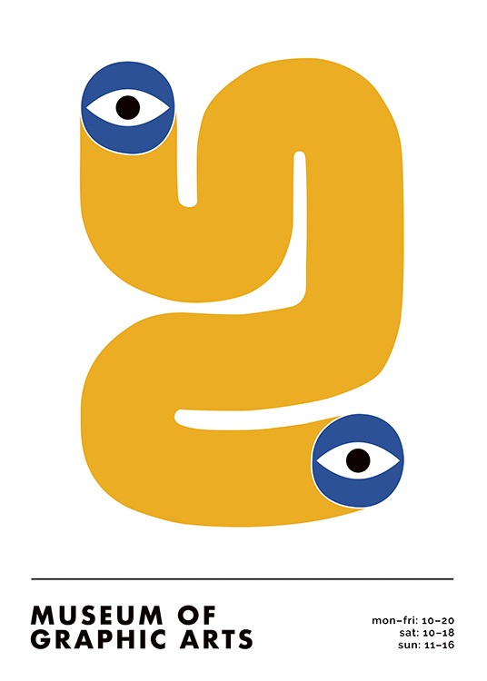  – Abstrakt grafisk illustration, der forestiller en gul figur, der slynger sig og har blå øjne i enderne