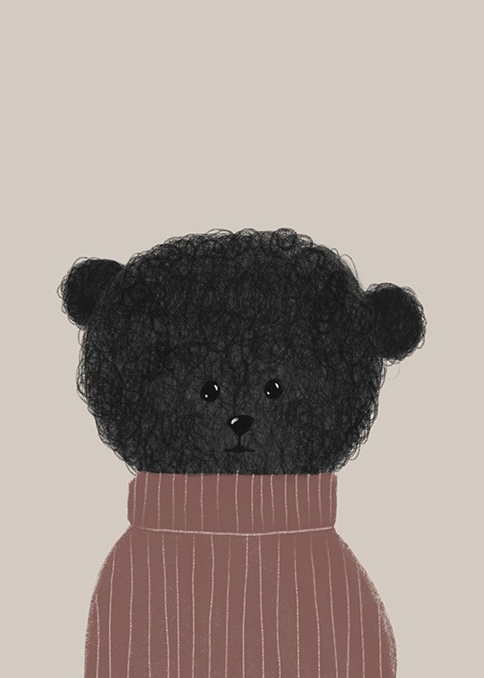  – Grafisk illustration, der forestiller en hvalp med lodden, sort pels og en lyserød trøje