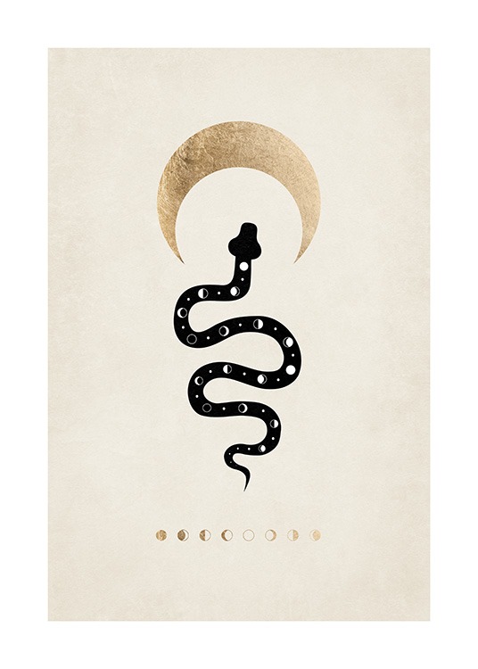  – Grafisk illustration med månefaser og en halvmåne omkring en sort slanges hoved