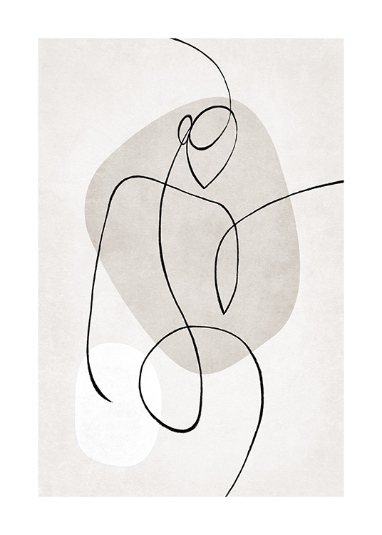  – Abstrakt line art-illustration med en krop mod en beige baggrund med en hvid og en beige figur