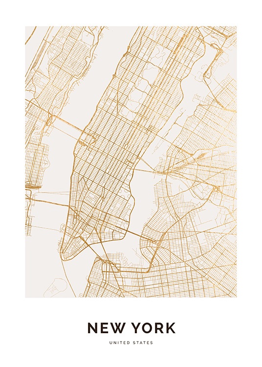  – Kort i guld over New York på en hvid baggrund med tekst under