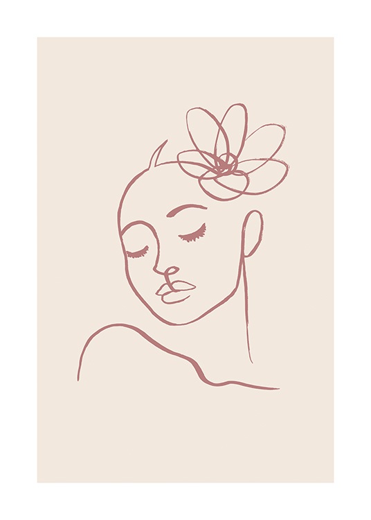  – Illustration, der forestiller en stregtegning af en kvinde med en blomst i håret, tegnet i en lys rød farve på en beige baggrund
