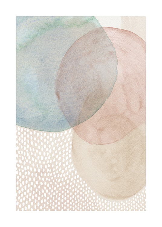  – Illustration med runde figurer i beige, lyserødt og blåt samt hvide prikker i baggrunden
