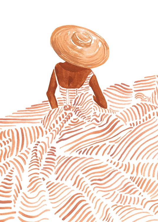  – Illustration i akvarel, der forestiller en kvinde iført en stor kjole med orange striber og en solhat