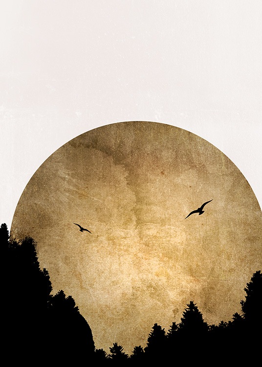 – Grafisk illustration med en gylden sol bag to fugle og sorte træer
