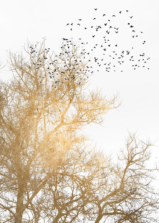  – Grafisk illustration med sorte fugle og et gyldent træ på en hvid baggrund