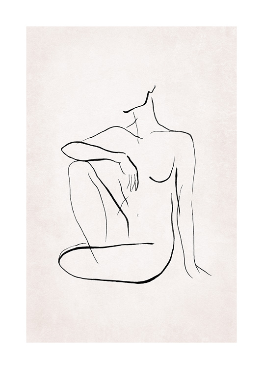  – Illustration i line art-stil, der forestiller en nøgen, siddende krop, malet med sort på en lyserød baggrund