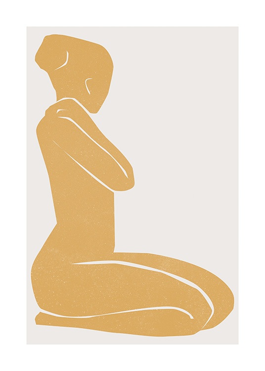  – Grafisk illustration af en kvinde malet med gult, der sidder på knæ