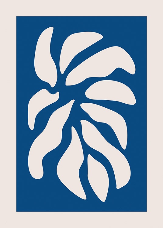  – Grafisk illustration med kronblade i beige på en mørkeblå baggrund omgivet af en beige kant