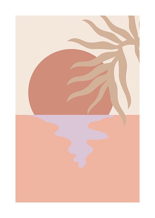  – Grafisk illustration med beige palmeblade foran en solnedgang