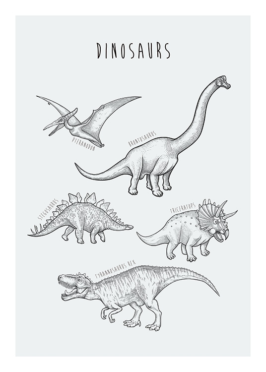  – Håndtegnet illustration med forskellige typer dinosaurer på en blågrøn baggrund