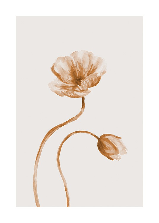  – To blomster i brun og beige malet som akvarel på en lys beige baggrund