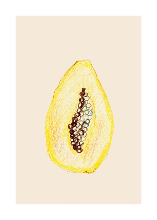  – Illustration med en gul papaya mod en lys beige baggrund
