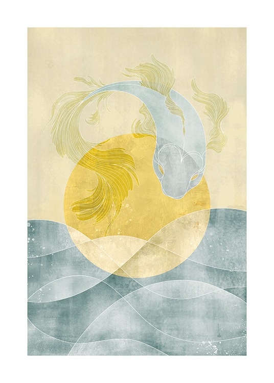  – Illustration, der forestiller en fisk i blåt og gult med et hav og en sol i baggrunden