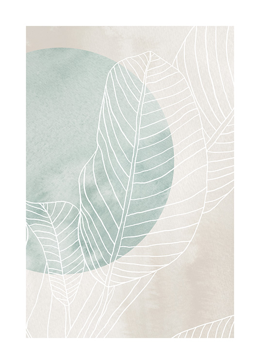  – Illustrerede hvide blade fra et gummitræ med en grøn cirkel bag dem og en beige baggrund