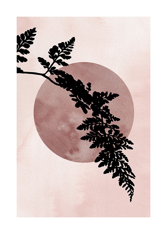  – Illustration med en cirkel i en mørk lyserød nuance bag et langt, sort bregneblad