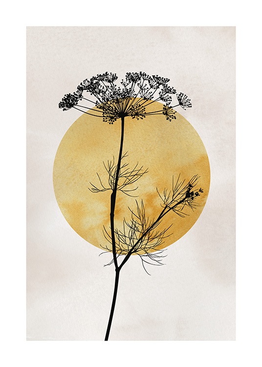  – Illustration med en mørkegul sol bag en sort plante på en beige baggrund