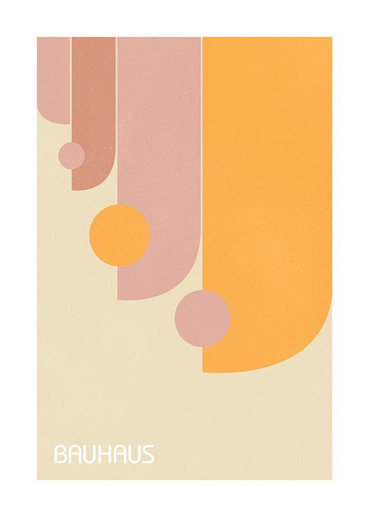  – Grafisk illustration i Bauhaus-stil med geometriske figurer i orange og lyserøde nuancer