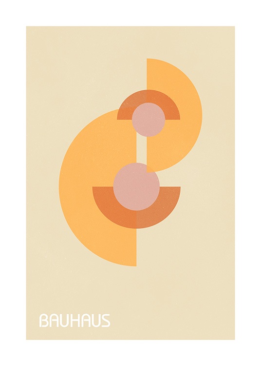  – Grafisk illustration med geometriske figurer i orange og lyserød og ordet Bauhaus nedenunder