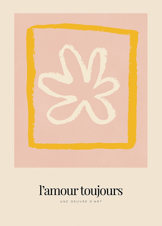  – Illustration med en hvid blomst i en orange firkant på en lyserød og beige baggrund med tekst nedenunder