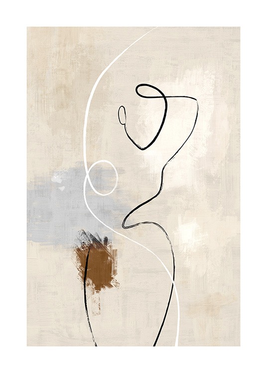  – Illustration, der forestiller en krop i sort line art-stil på en spættet baggrund i beige med blå og brune detaljer