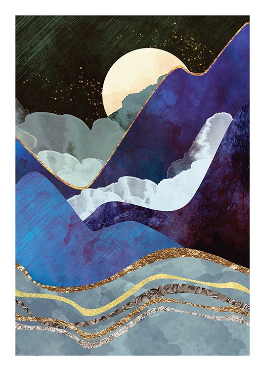  – Grafisk illustration, der forestiller mørkeblå bjerge med gyldne konturer og en måne bag