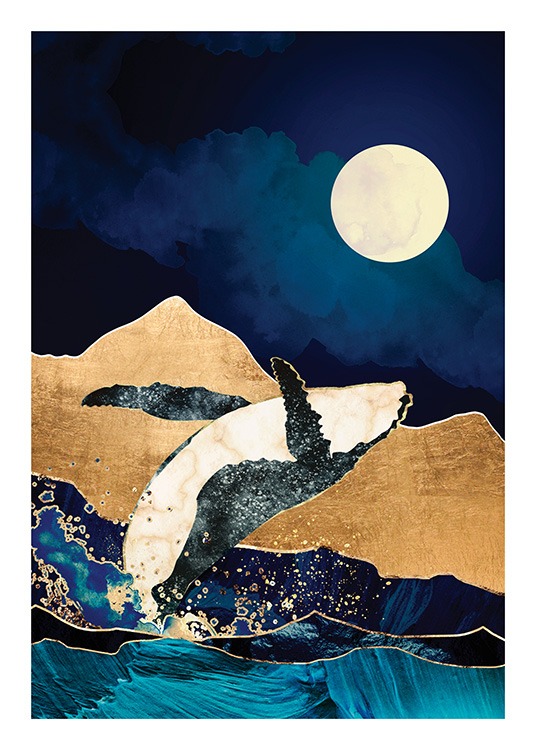  – Grafisk illustration med en måne og gyldne bjerge bag en hval, der springer op af vandet