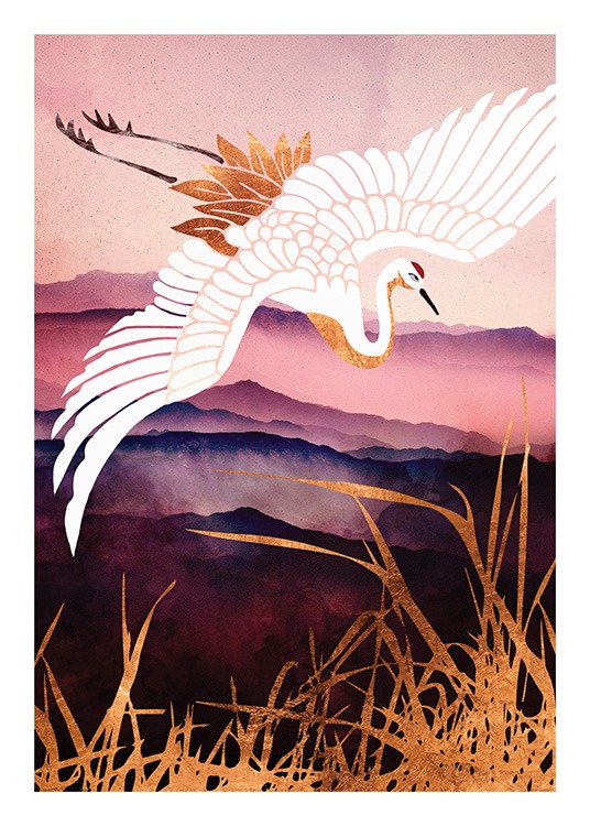  – Grafisk illustration med en hvid og gylden trane, der flyver over gyldent græs og pink og violette marker