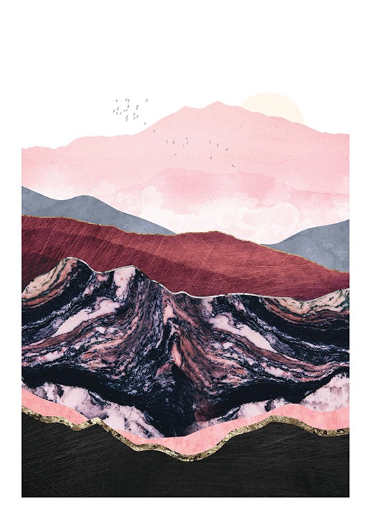  – Grafisk illustration, der forestiller en flok fugle over bjerge i violette, pink og røde nuancer med gyldne konturer