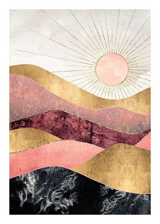  – Grafisk illustration, der forestiller bjerge i pink, rød og sort med guldkonturer og en sol i baggrunden