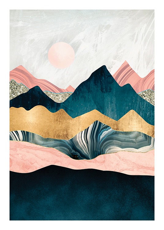  – Grafisk illustration med pink, blå og gyldne bjergtoppe og en lyserød sol i baggrunden