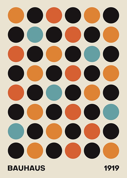  – Grafisk illustration med sorte, røde, orange og blå cirkler på beige baggrund