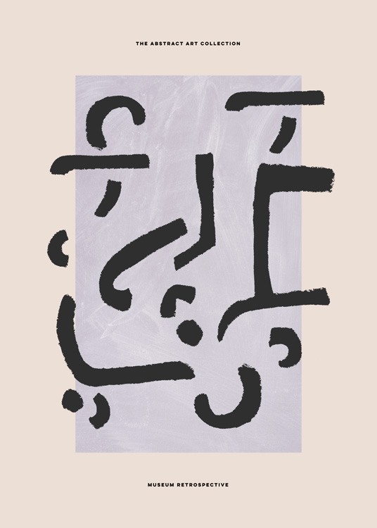  – Grafisk illustration med abstrakte figurer i sort på en lilla og beige baggrund