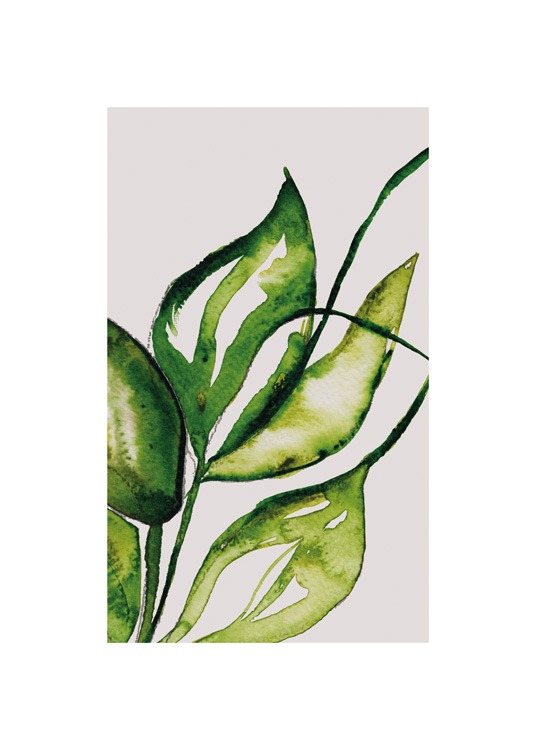  – Maleri med grønne blade malet som akvarel på en beige baggrund