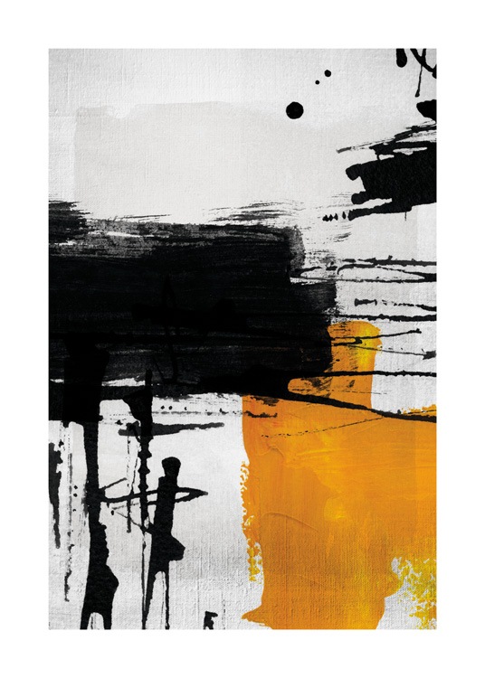  – Abstrakte figurer i sort og gul på en lysegrå baggrund