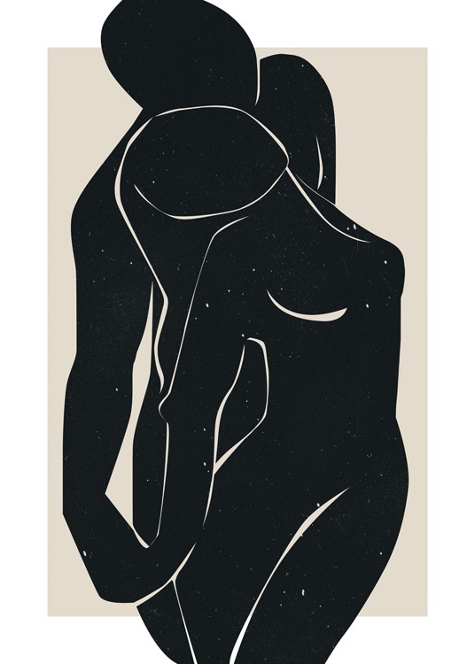  – Grafisk illustration, der forestiller to nøgne kroppe i sort med små hvide prikker på, mod en beige baggrund