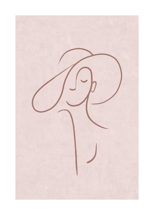  – Illustration i line art-stil med en kvinde iført hat mod en lyserød, spættet baggrund