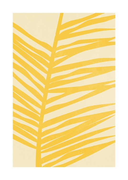  – Grafisk illustration med et palmeblad i gult på en lysegul baggrund