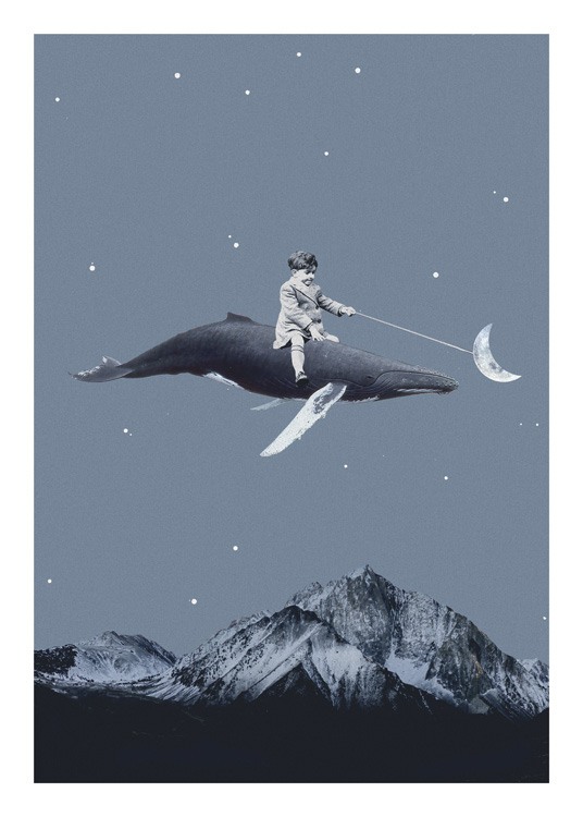 – Grafisk illustration med en hval, der flyver over bjerge, med et barn siddende på ryggen