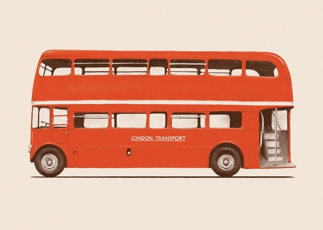  – Illustration med en London-bus i form af en rød dobbeltdækkerbus mod en lyserød baggrund