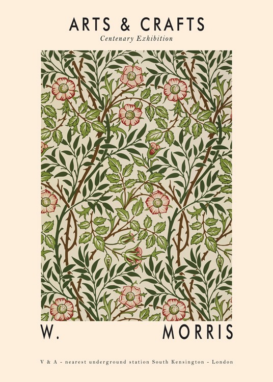  – Illustration med et mønster af grønne blade og røde blomster på en beige baggrund