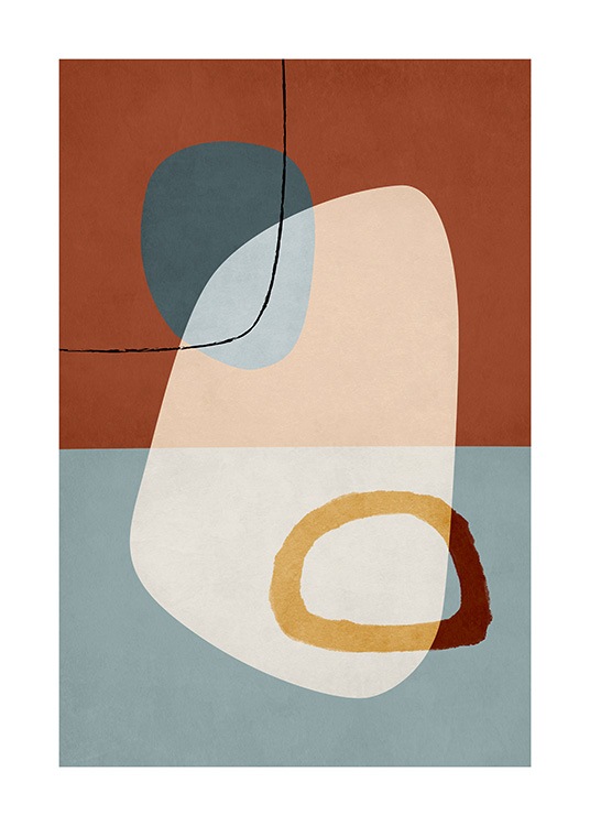  – Abstrakt, grafisk illustration med figurer i mørk orange og blåt