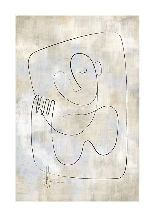  – Illustration i sort line art-stil med en hånd og et ansigt på en blå og beige baggrund