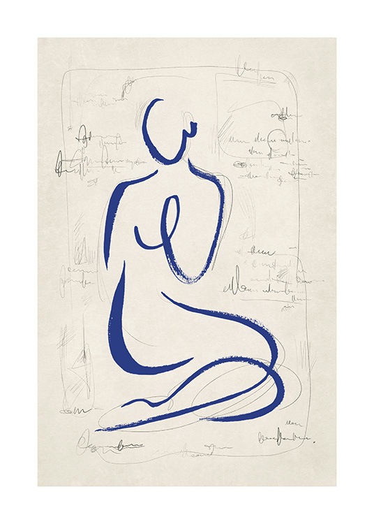  – Skitse af en krop i blå line art-stil omgivet af tekst og streger på en beige baggrund