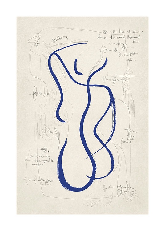 – Skitse i line art-stil, der forestiller en ryg tegnet med blåt, omgivet af tekst mod en beige baggrund